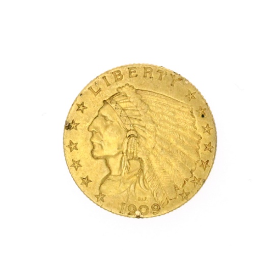 Extremely Rare 1909 $2.50 U.S. Indian Head Gold Coin