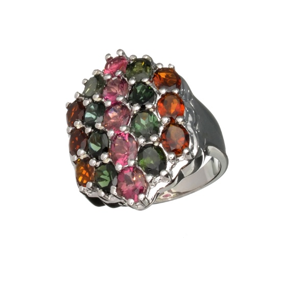 4.50CT Oval Cut Multi-Colored Multi Precious Gemstones And Platinum Over Sterling Silver Ring