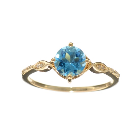 DesignerSebastian 14 KT Gold 1.13CT Round Cut Blue Topaz and 0.03CT Round Brilliant Cut Diamond Ring