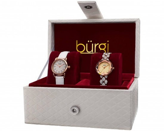 Burgi Womens's Swarovski Crystal Japanese Quartz Leather Strap/Bracelet Rose Gold Watch Set