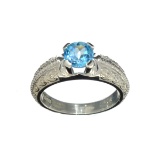 APP: 0.5k Fine Jewelry Designer Sebastian, 1.20CT Round Cut Blue Topaz And Sterling Silver Ring