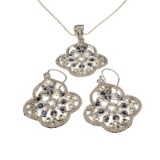 Fine Jewelry 2.27CT Round Cut Blue And White Sapphire Sterling Silver Pendant W Chain/Earrings Set