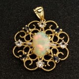 APP: 3.8k 14 kt. Yellow and White Gold, 3.13CT Crystal Opal and Blue Sapphire Pendant