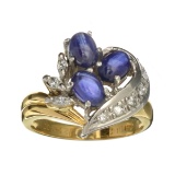 2.9k 14 KT Yellow Gold 2.22CT 3 Cabochon Cut Sapphire And 0.24CT 14 Marquise Cut Round Diamonds Ring