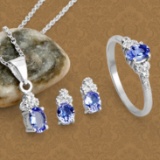 Fine Jewelry 1.66CT Tanzanite And White Topaz Sterling Silver Ring, Pendant w/ Chain & Earrings Set