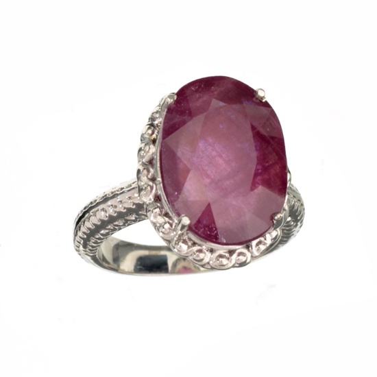 Fine Jewelry Designer Sebastian 10.20CT Oval Cut Ruby And Platinum Over Sterling Silver Ring