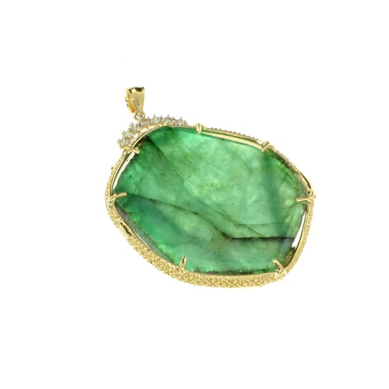 Fine Jewelry 14 KT Gold, 29.33CT Rare Natural Form Green Beryl Columbian Emerald And Diamond Pendant