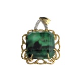 Fine Jewelry 14 KT Gold, 25.55CT Square Cut Green Emerald Quartz Doublet And Diamond Pendant