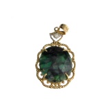 APP: 2.3k Fine Jewelry 14 KT Gold, 9.90CT Oval Cut Cabochon Green Emerald And Diamond Pendant