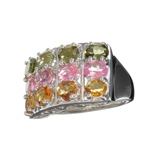 3.60CT Oval Cut Multi-Colored Multi Precious Gemstones And Platinum Over Sterling Silver Ring