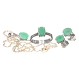 Fine Jewelry 3.96CT Oval Cut Green Emerald And Sterling Silver Earrings, Pendant And Ring Set