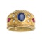 14 KT Yellow Gold 1.06CT Oval Cut Sapphire And 0.26CT 2 Square Cut Rubies With 4 Round Diamonds Ring