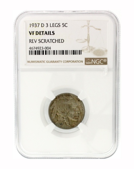 Rare 1937-D 3 Leg Buffalo Nickel VF Details Coin