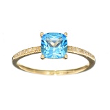 Designer Sebastian 14 KT Gold, Cushion Cut Blue Topaz and 0.05CT Round Brilliant Cut Diamond Ring