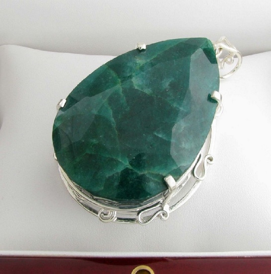 APP: 18.4k Fine Jewelry Designer Sebastian 460.86CT Pear Cut Emerald and Sterling Silver Pendant