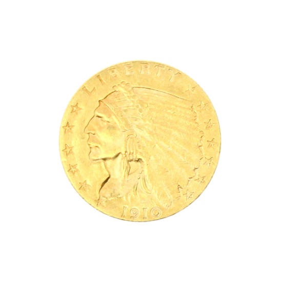 Rare 1910 $2.50 U.S. Indian Head Gold Coin