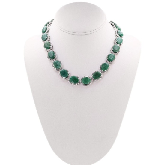 APP: 6.1k *170.00ctw Green Beryl and 11.00ctw White Sapphire Silver Necklace (Vault_R9_24263)