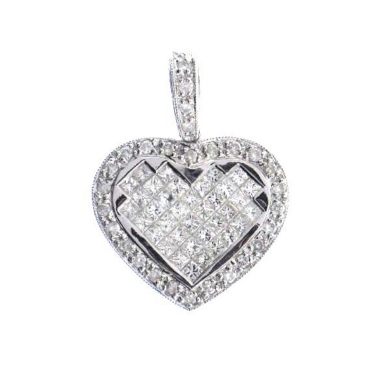 *Fine Jewelry, 14 KT White Gold, 0.92CT Princess Cut Diamond Heart Pendant (GL P14663V-14K)