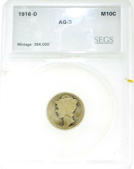 1916-D AG-3 SEGS Mercury Dime Coin