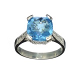 Fine Jewelry Designer Sebastian 4.25CT Square Cushion Cut Blue Topaz And Sterling Silver Ring
