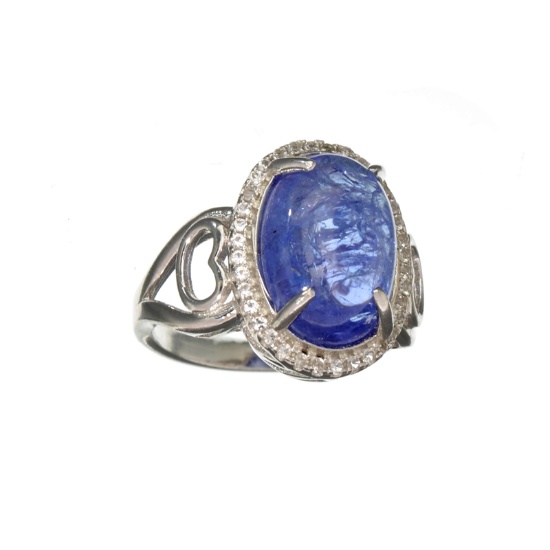 APP: 3.1k Fine Jewelry 6.40CT Cabochon Tanzanite /White Sapphire And Sterling Silver Ring