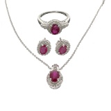 Fine Jewelry 3.18CT Ruby / White Topaz And Sterling Silver Ring, Earrings, Pendant W Chain Set