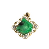 APP: 3k Fine Jewelry 14 KT Gold, 11.54CT Free Form Green Emerald And Diamond Pendant