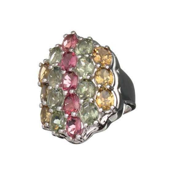 6.36CT Oval Cut Multi-Colored Multi Precious Gemstones And Platinum Over Sterling Silver Ring