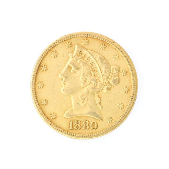 Extremely Rare  1880 $5 U.S. Liberty Head Gold Coin - Great Investment