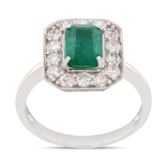 APP: 8.6k *1.08ct Emerald and 0.65ctw Diamond 18K White Gold Ring (Vault_R9_22144)