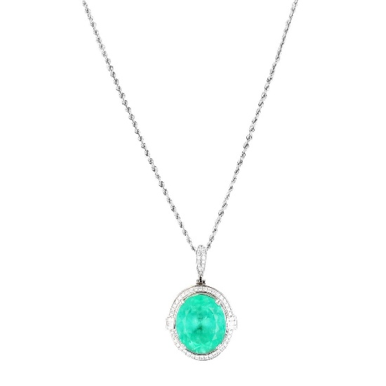 APP: 62.4k 22.32ct Emerald and 0.74ctw Diamond Platinum Pendant/Necklace (Vault_R10_60095)