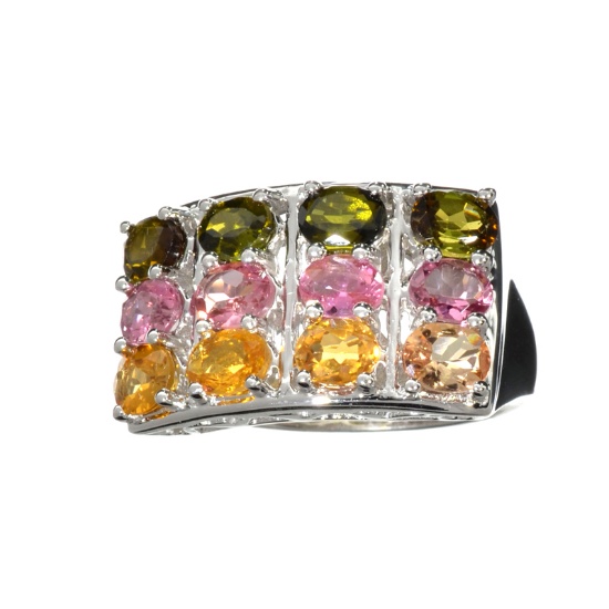 3.72CT Oval Cut Multi-Colored, Multi Precious Gemstones And Platinum Over Sterling Silver Ring
