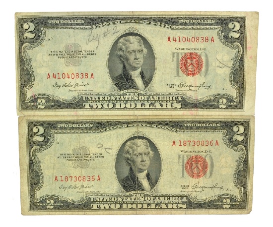 (2) 1953 $2 U.S. Red Seal Notes