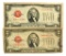 (2) 1928 $2 U.S. Red Seal Notes