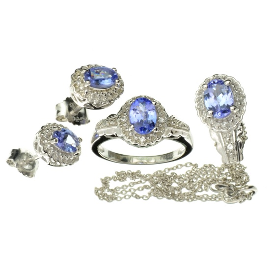 Fine Jewelry 2.65CT Tanzanite Zoisite And Colorless Topaz Platinum Over Sterling Silver 3 Piece Set