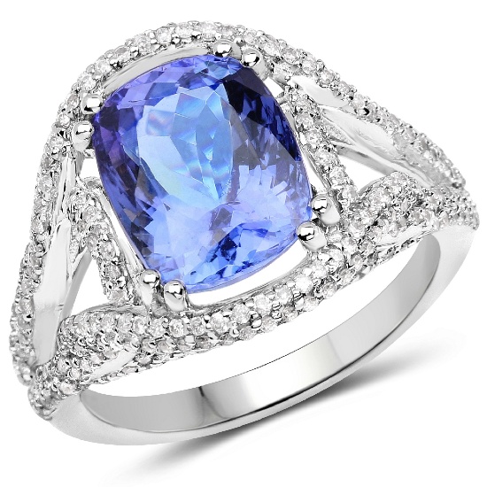 APP: 19.2k *14KT. White Gold 5.96 Cushion Cut Tanzanite and White Diamond Ring (Vault_Q) (QR21767TAN