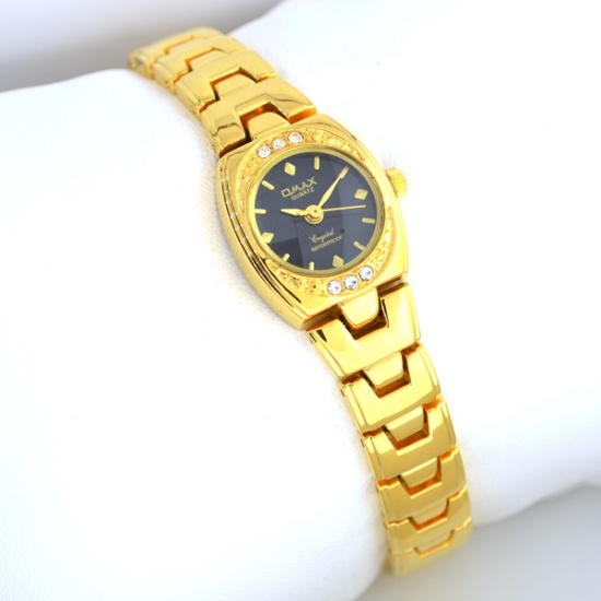 Q Max Women's Stainless Steel Black Gold & Diamond  Watch