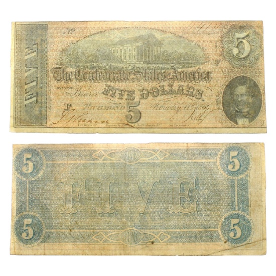 Rare 1864 US Confederate $5 Note Great Investment