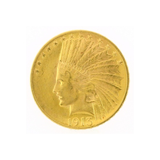 Rare 1913 $10 Indian Head Gold Coin Great Investment (DF)