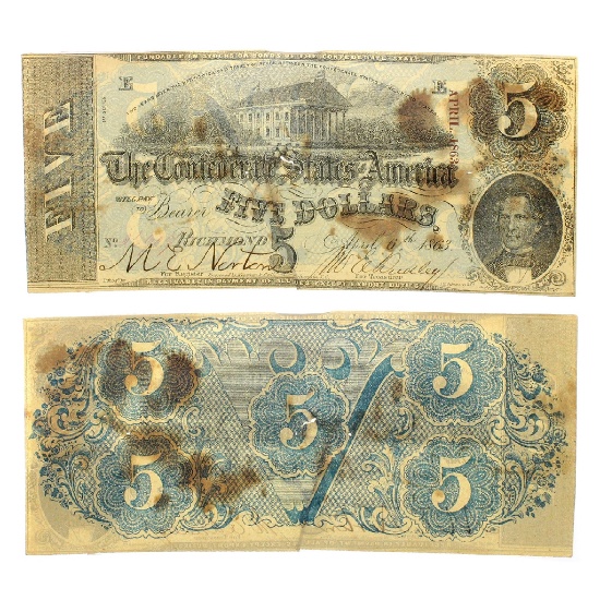 Rare 1863 US Confederate $5 Note Great Investment