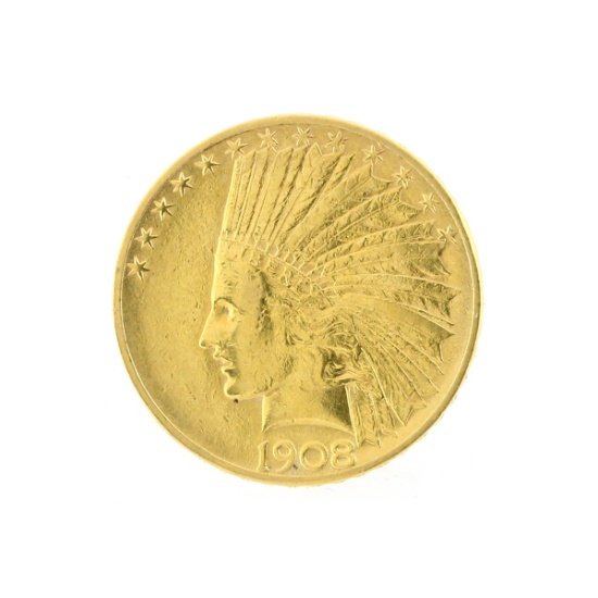Rare 1908-D Motto $10 Indian Head Gold Coin Great Investment (DF)