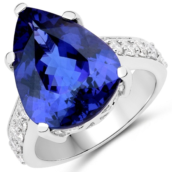 APP: 36.8k *18KT. White Gold 11.40 Pear Cut Tanzanite and White Diamond Ring (Vault_Q) (QR23715TANWD