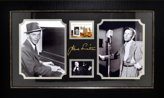 *Rare Frank Sinatra with Authentic Swatch of Clothing Museum Framed Collage - Plate Signed