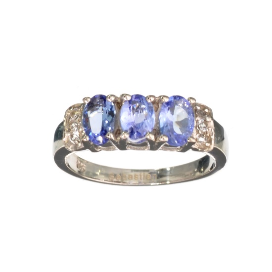 Fine Jewelry 1.40CT Oval Cut Tanzanite And White Sapphire Sterling Silver Ring