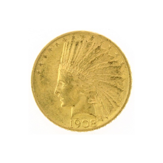 Rare 1908 Motto $10 Indian Head Gold Coin Great Investment (DF)