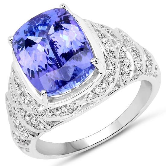 APP: 24.3k *14KT. White Gold 6.37 Cushion Cut Tanzanite and White Diamond Ring (Vault_Q) (QR21693TAN