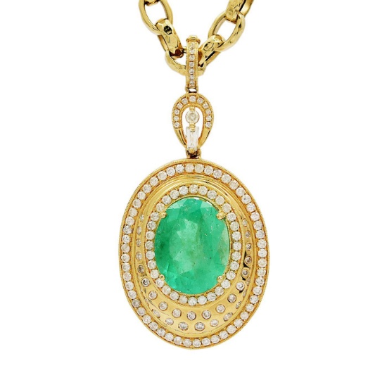 APP: 56.9k *13.54ct Emerald and 4.37ctw Diamond 14KT Yellow Gold Pendant/Necklace (Vault_R12 7154)