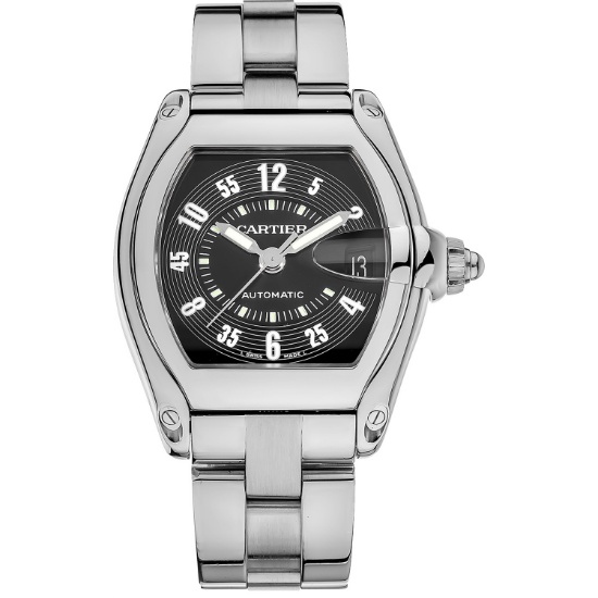 *Cartier Men's Roadster Tonneau Stainless Steel Case Black Dial Sapphire Push/Pull Crown Automatic M