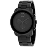 *Movado Men's Bold Round Stainless Steel Case Black Dial Mineral Push/Pull Crown Quartz Movement Wat