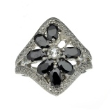 Rare Designer Sebastian Vintage, Dark And White Sapphire Sterling Silver Ring